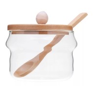 Açucareiro 255ml De Vidro Com Tampa E Colher De Bambu